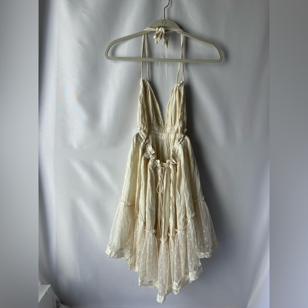 Cream Halter Flowy Sun Dress with Polka Dot Overlay - Picture 4 of 5